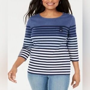 KAREN SCOTT stripped scoop neck 3/4 sleeve button accents on shoulders size L